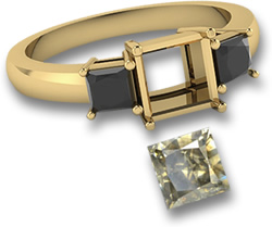 Anillo de oro amarillo con diamante champán cuadrado y piedras laterales de espinela negra