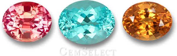 Zafiro Padparadscha, turmalina Paraiba y granate espesartita