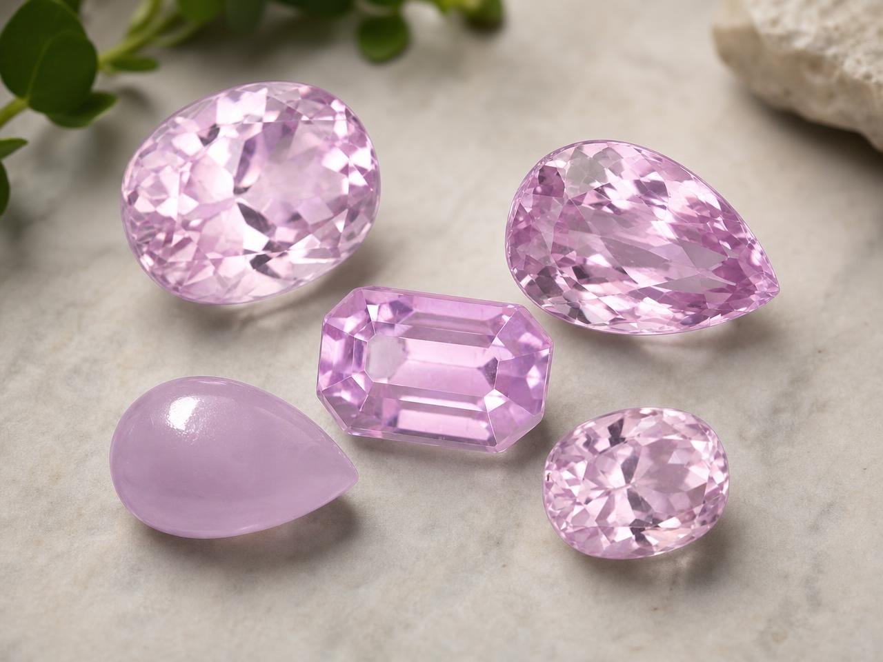 Gemas sueltas de kunzita afgana en tonos rosas y lilas.