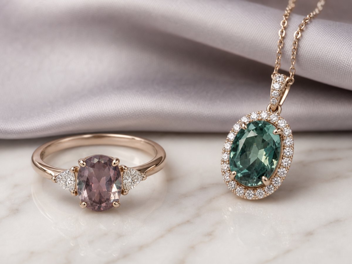 Gemas de alejandrita mostradas en joyería