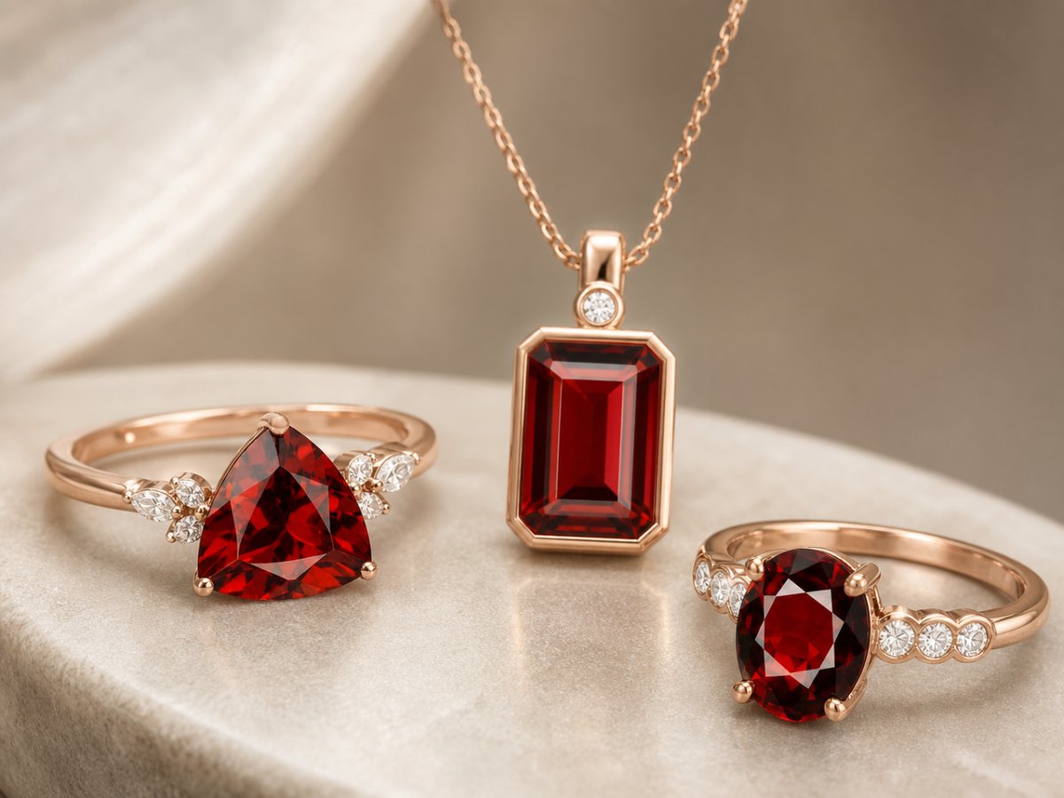 Gemas de granate almandino mostradas en joyería