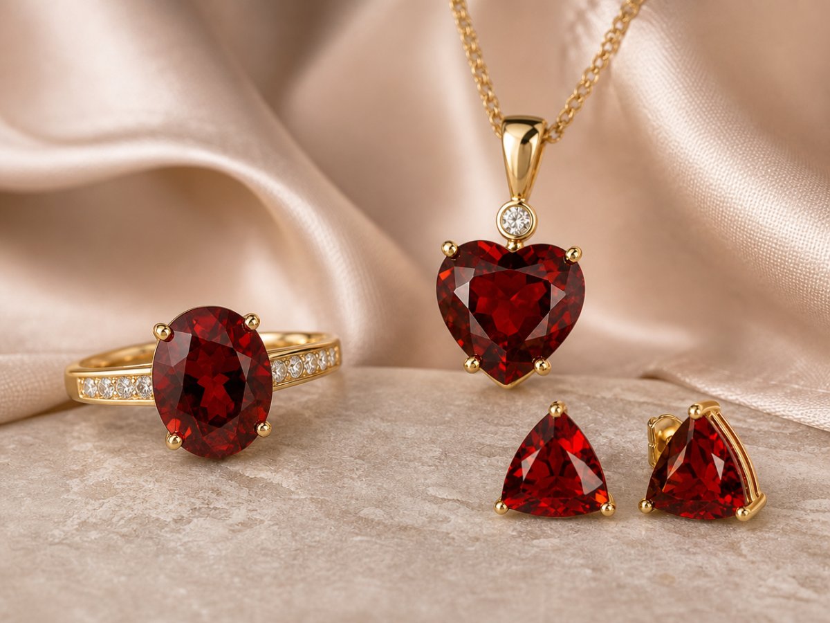 Gemas de granate almandino mostradas en joyería