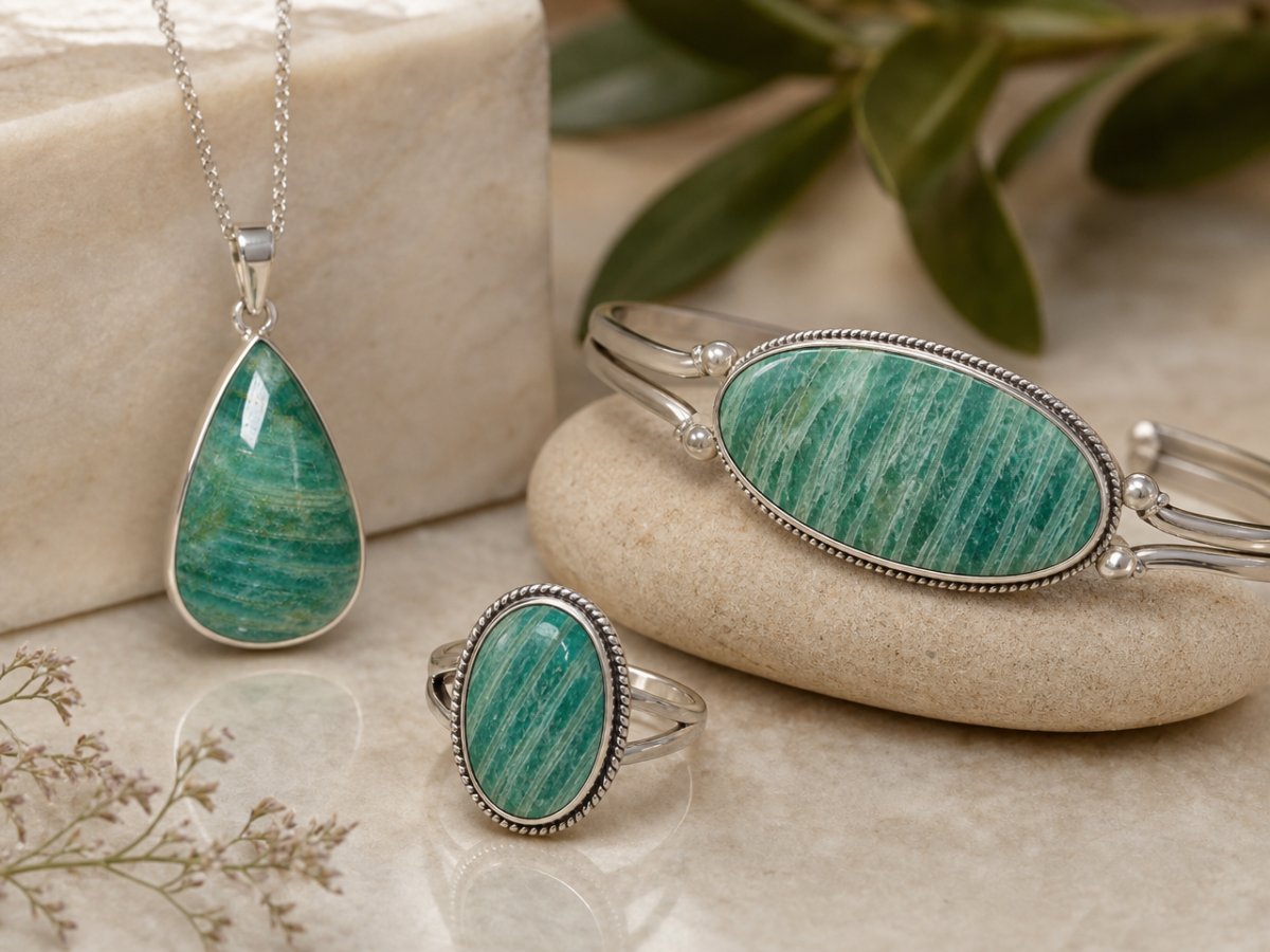 Gemas de amazonita mostradas en joyería