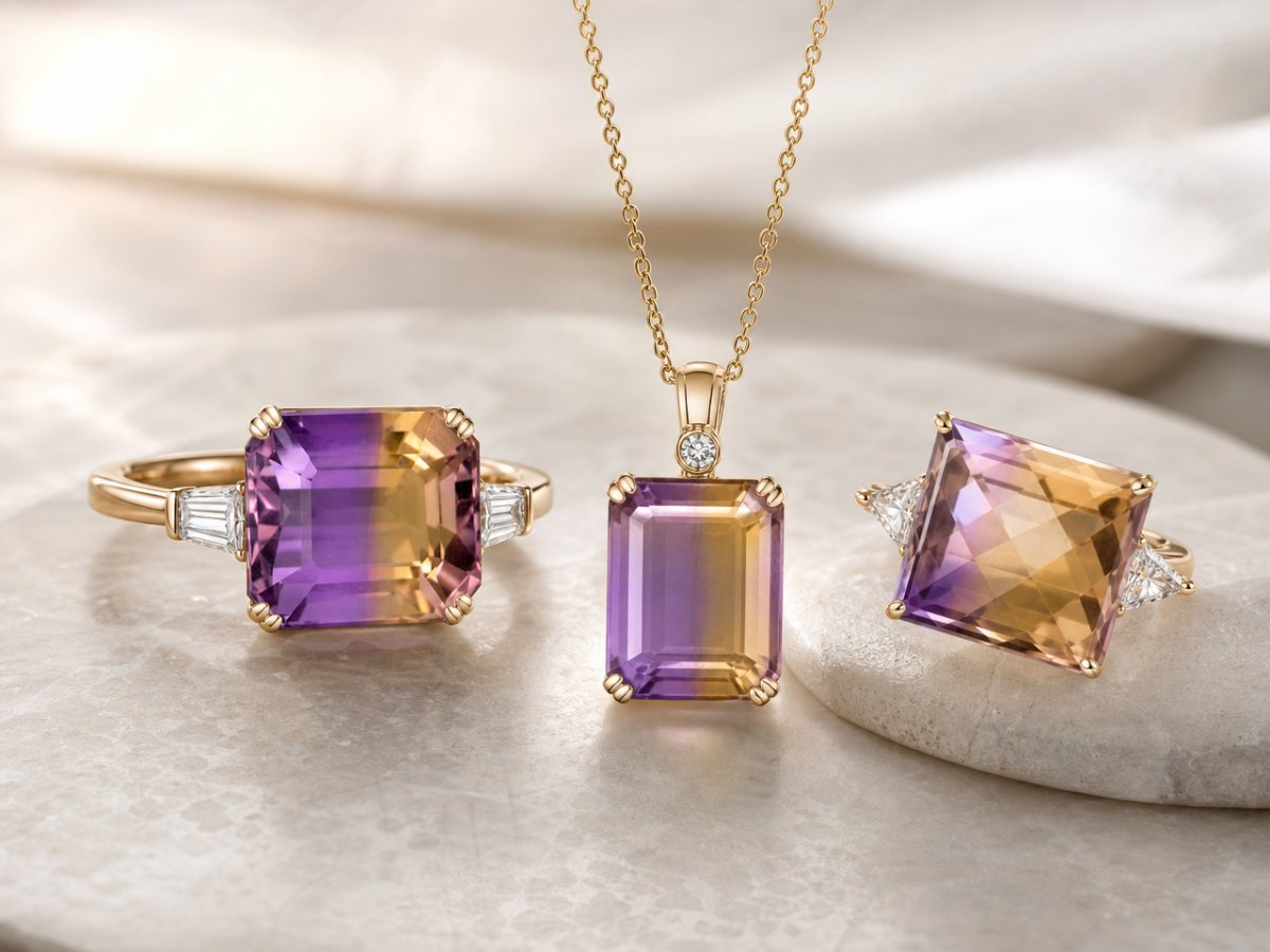 Gemas de ametrina mostradas en joyería