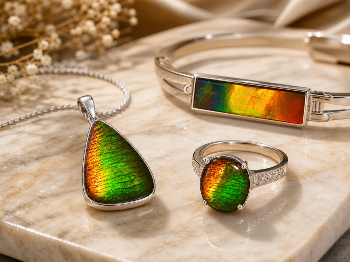 Gemas de ammolita mostradas en joyería