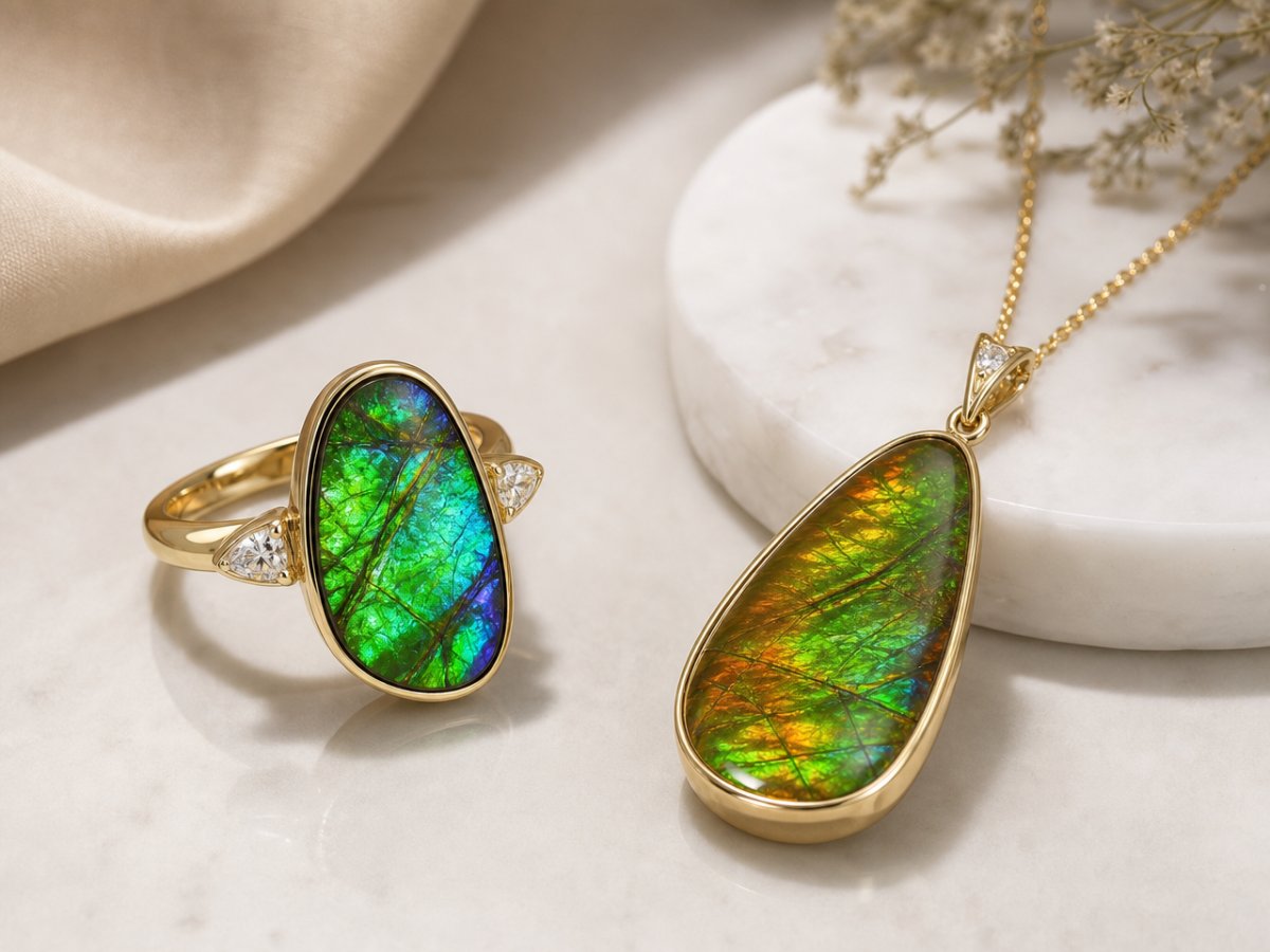 Gemas de ammolita mostradas en joyería