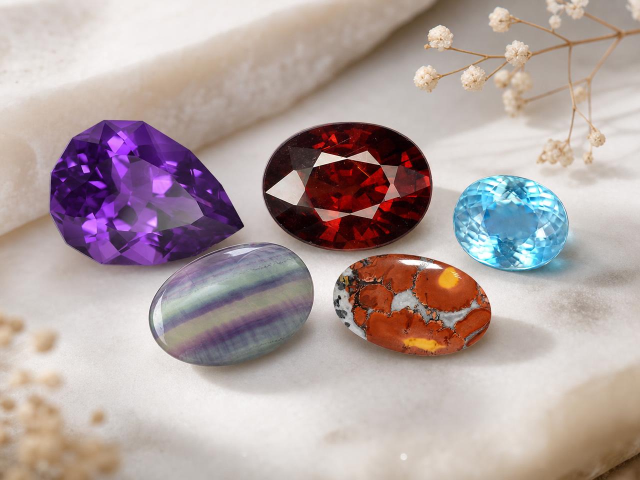 Piedras de nacimiento de Acuario sueltas en colores morado, rojo, azul y turquesa.