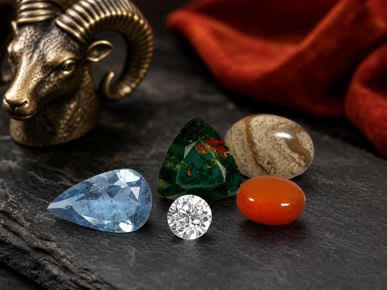 Piedras preciosas sueltas asociadas con el signo zodiacal de Aries.