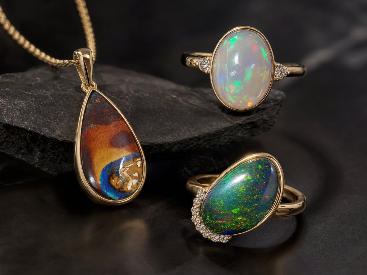Gemas de ópalo australiano mostradas en joyería
