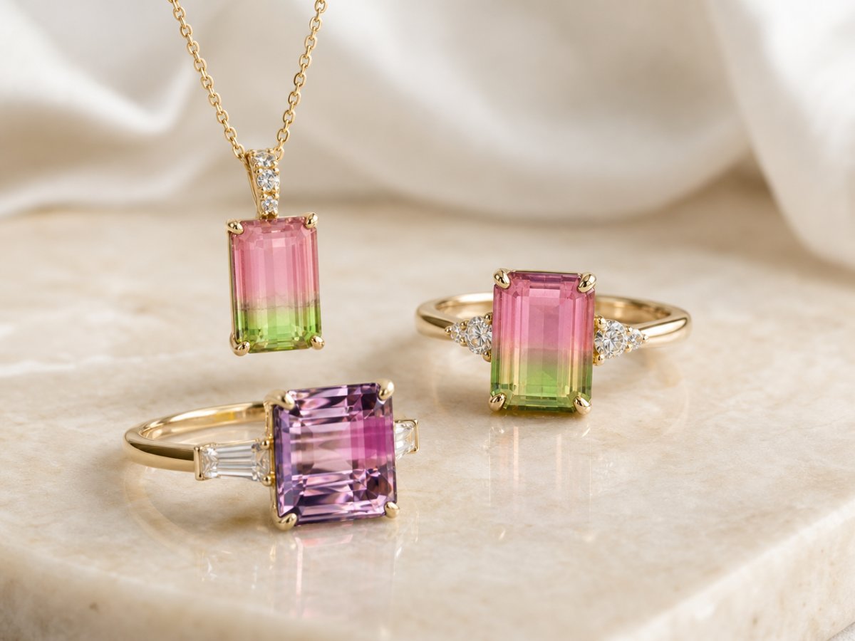 Gemas de turmalina bicolor mostradas en joyería