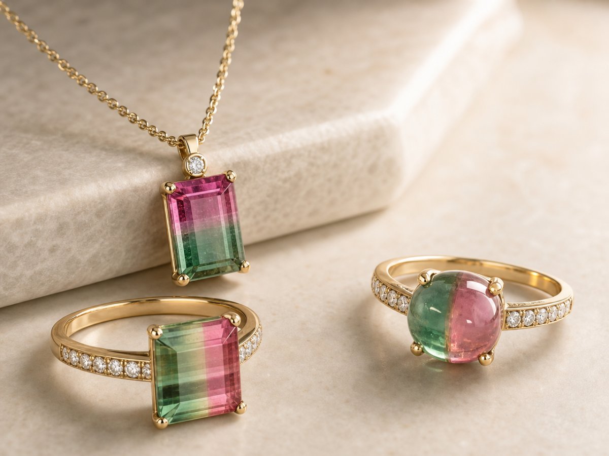 Gemas de turmalina bicolor mostradas en joyería