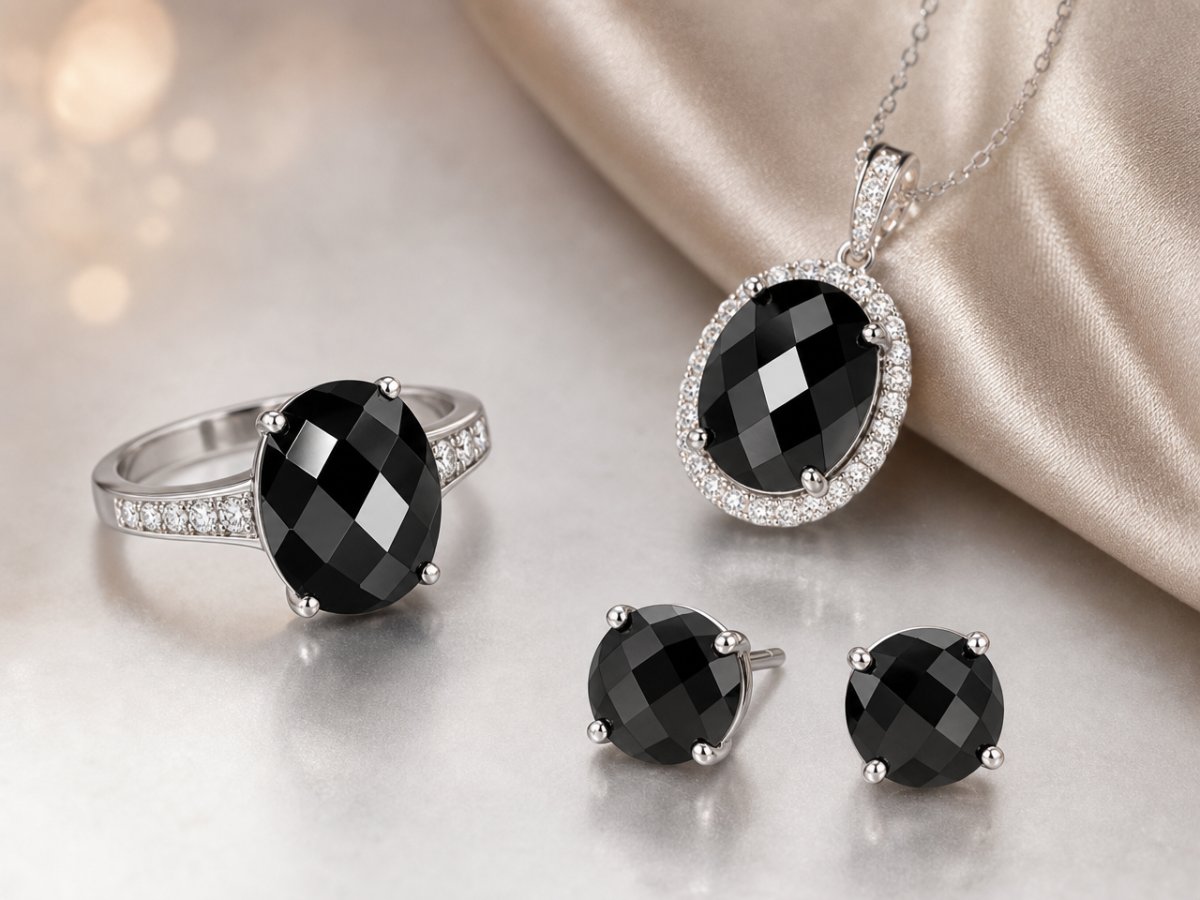 Gemas de espinela negra mostradas en joyería