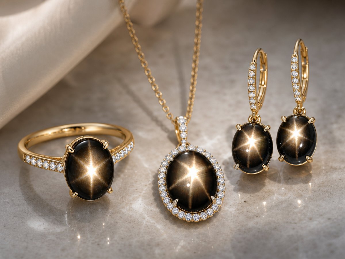 Gemas de zafiro estrella negra mostradas en joyería