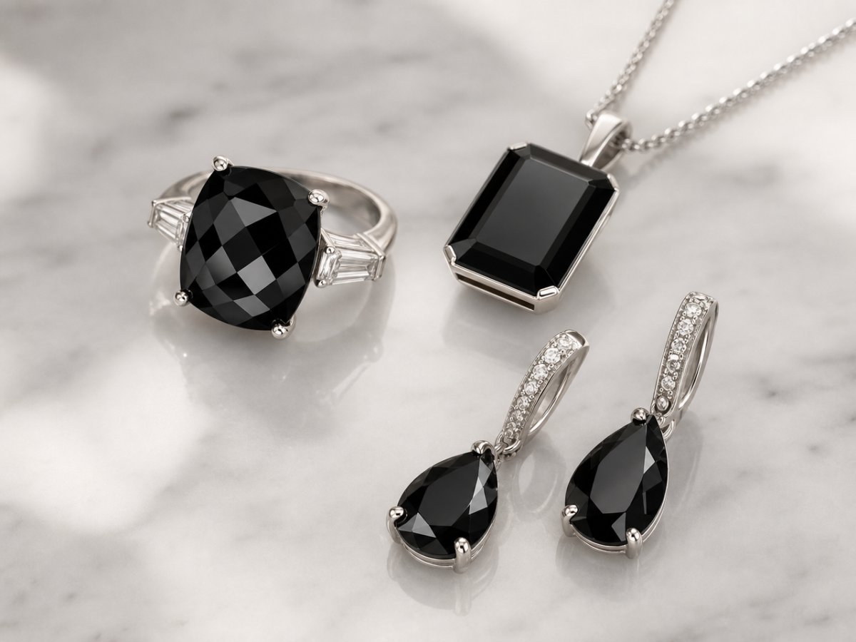 Gemas de turmalina negra mostradas en joyería