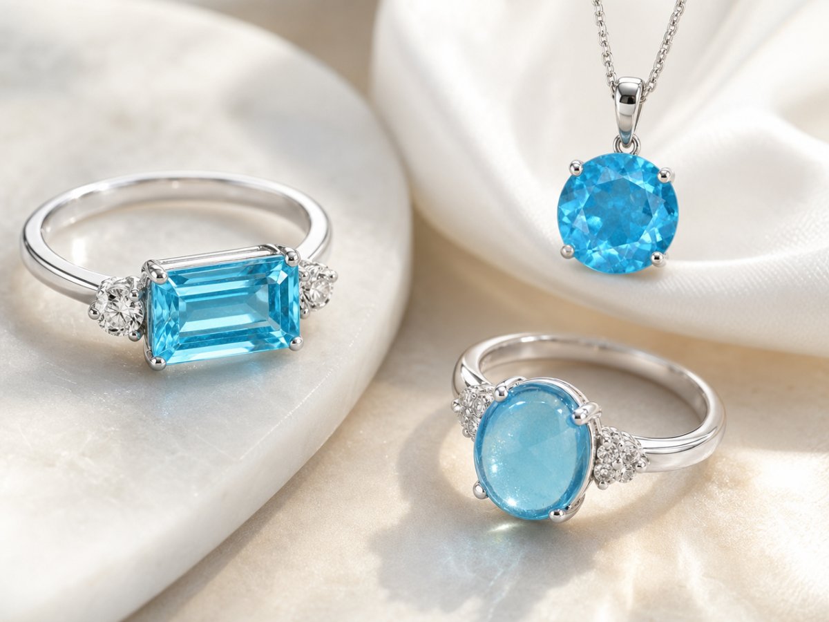 Gemas de apatita azul mostradas en joyería