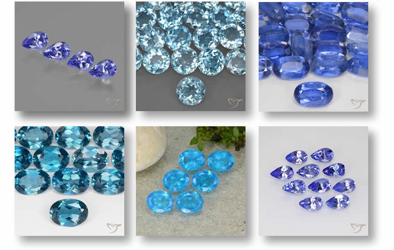 Lotes a granel de piedras preciosas azules para la fabricación de joyas.