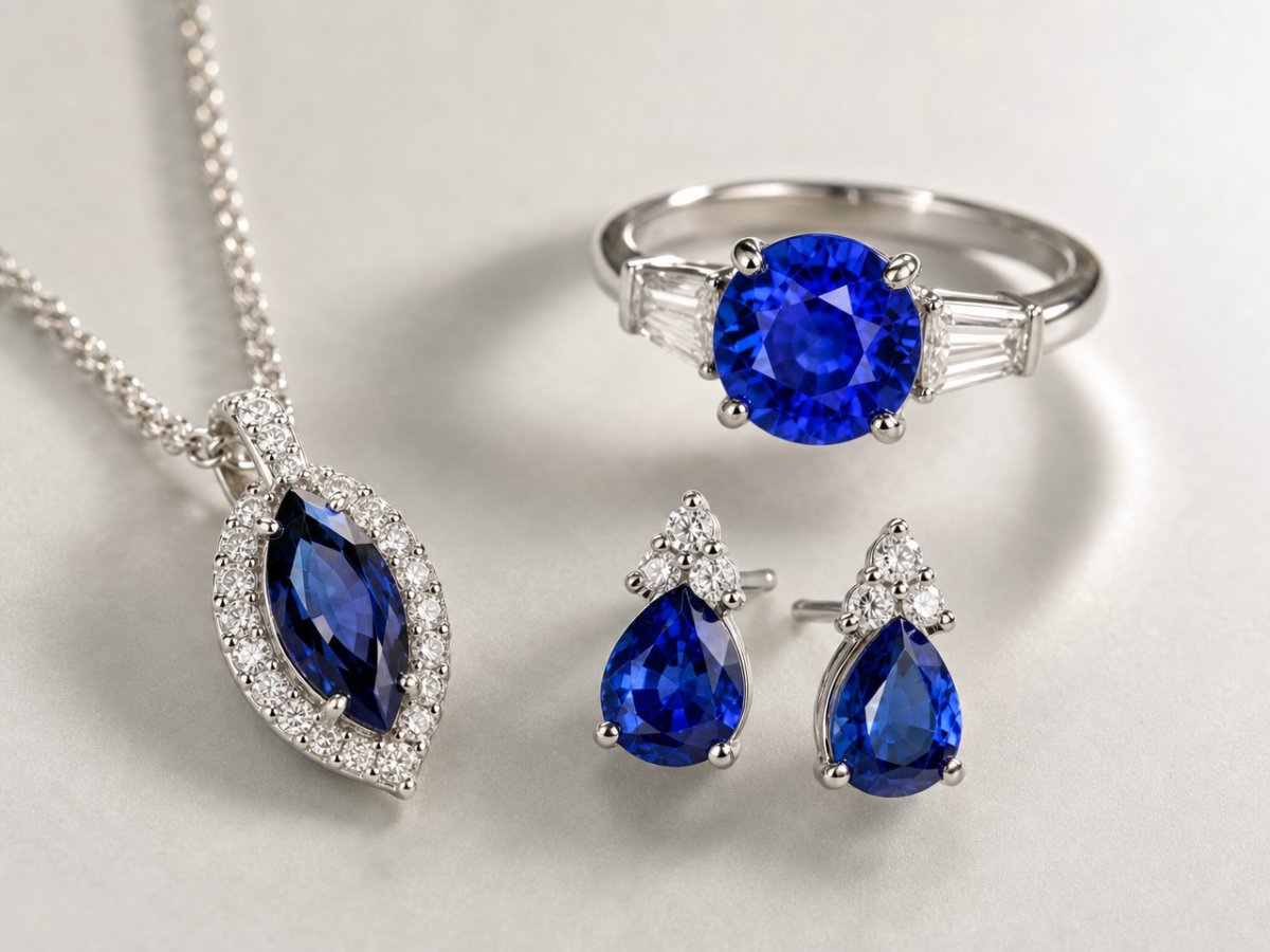 Gemas de zafiro azul mostradas en joyería