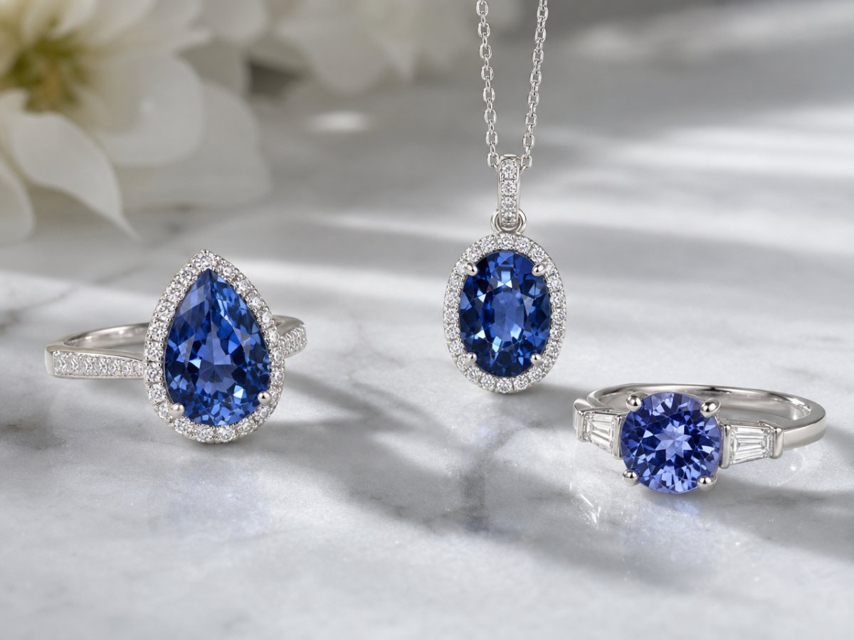Gemas de espinela azul mostradas en joyería