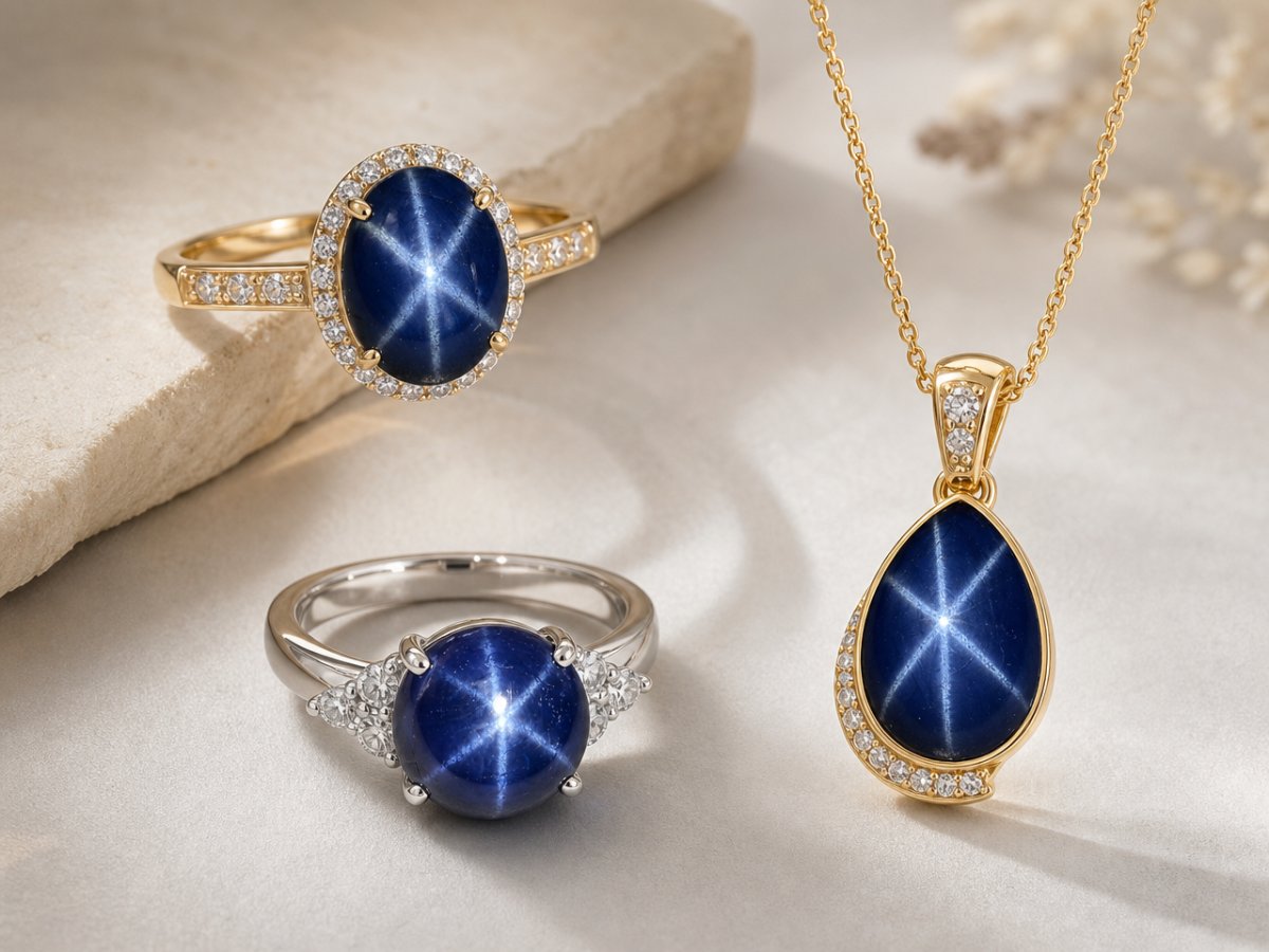 Gemas de zafiro estrella azul mostradas en joyería