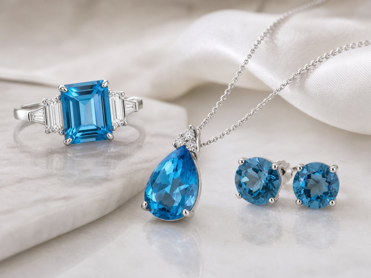 Gemas de topacio azul mostradas en joyería