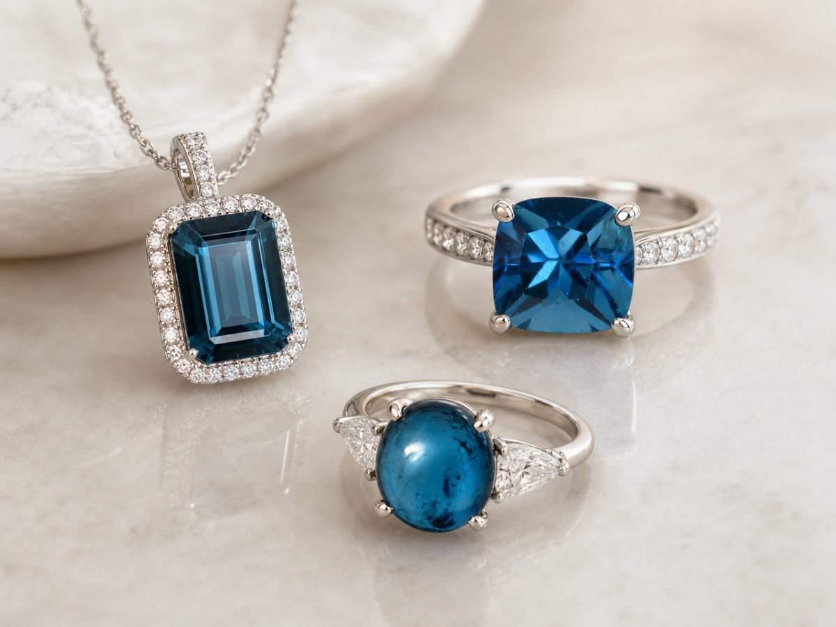 Gemas de turmalina azul mostradas en joyería