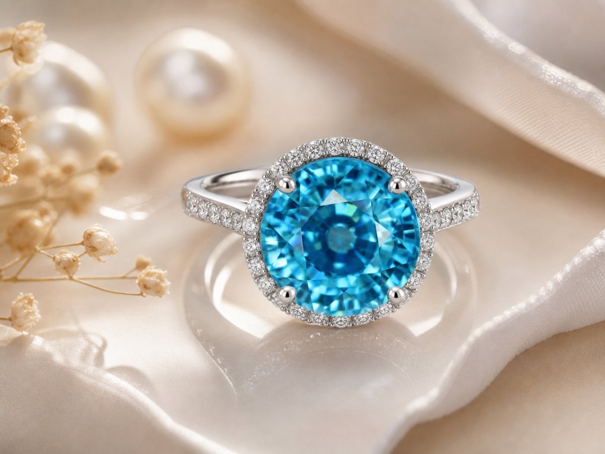Gemas de circonita azul mostradas en joyería
