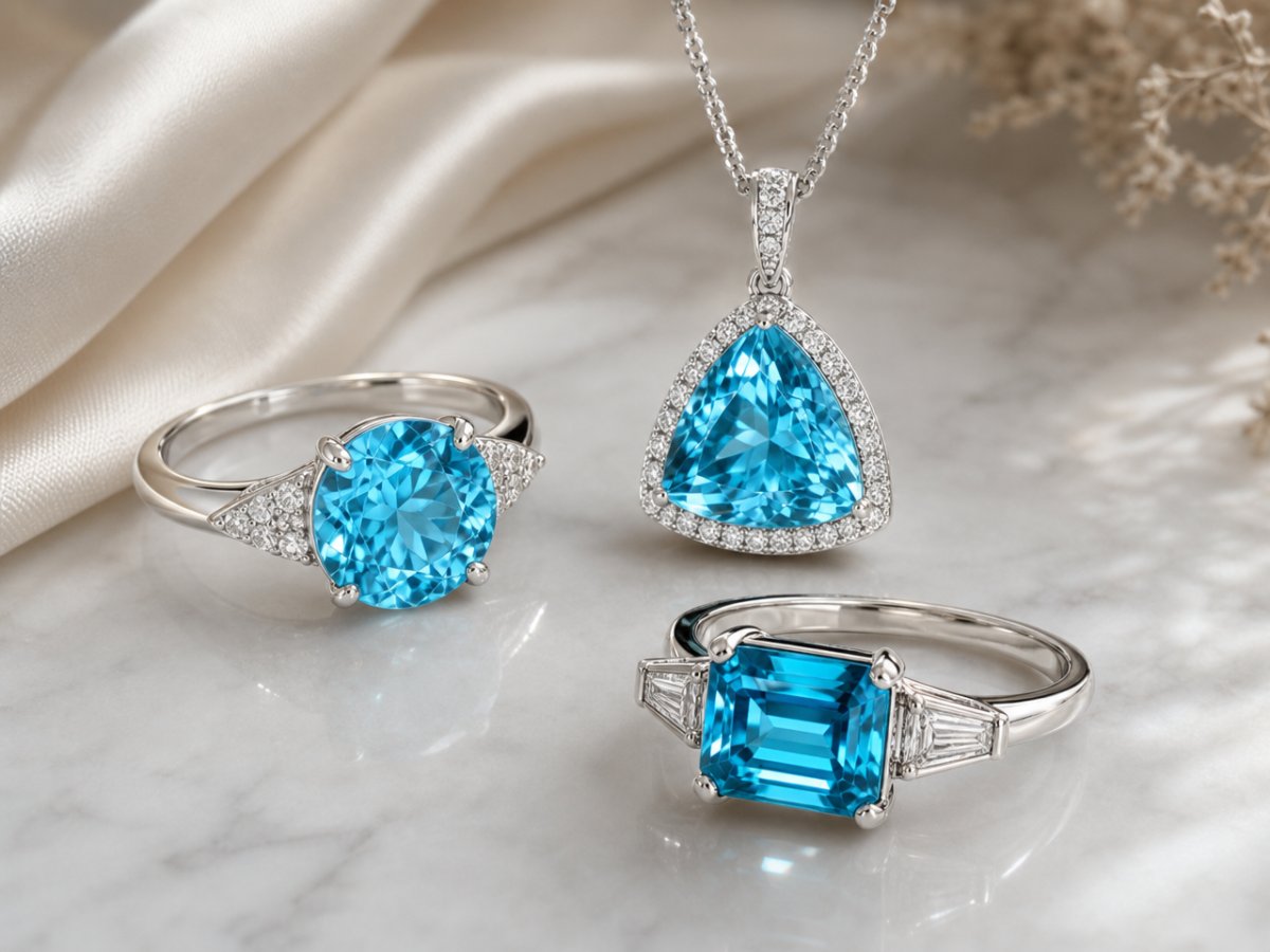 Gemas de circonita azul mostradas en joyería