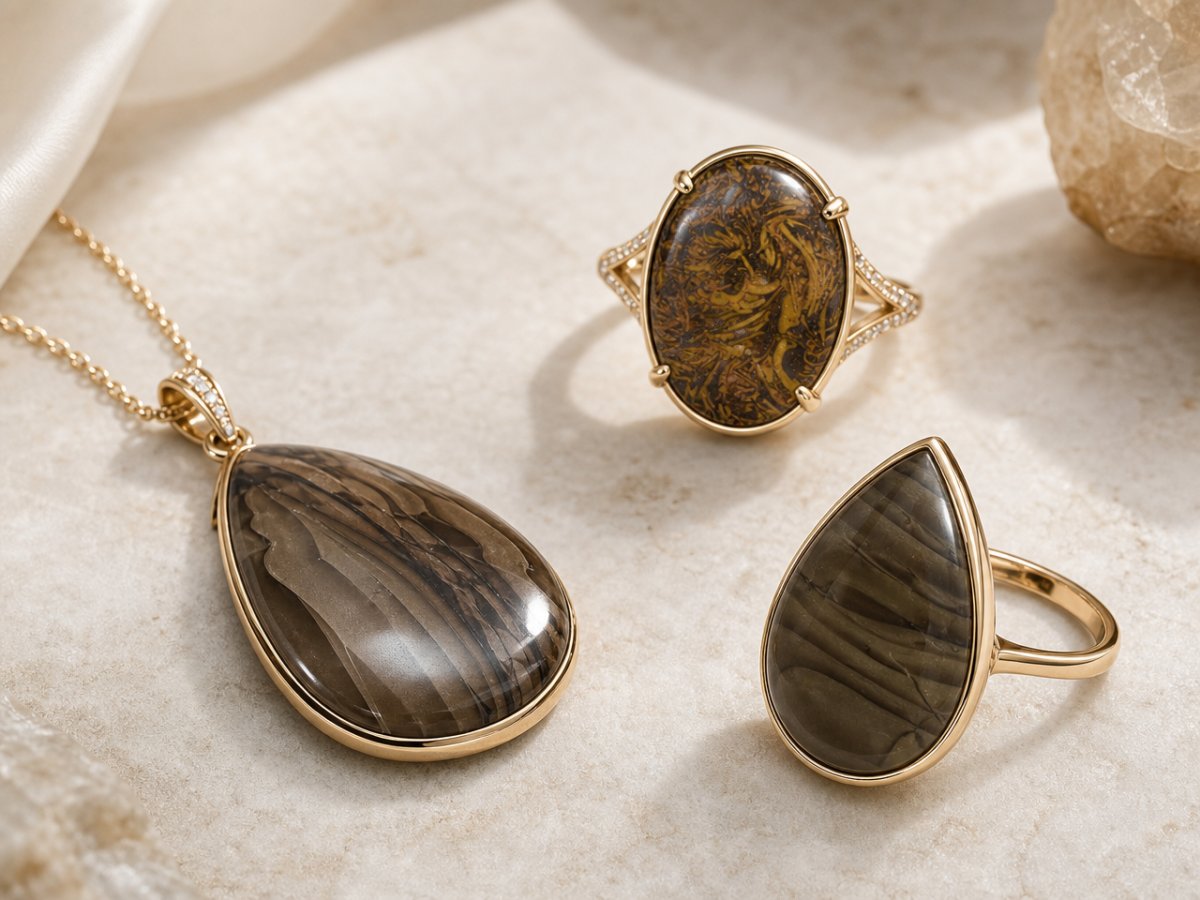Gemas de jaspe marrón mostradas en joyería