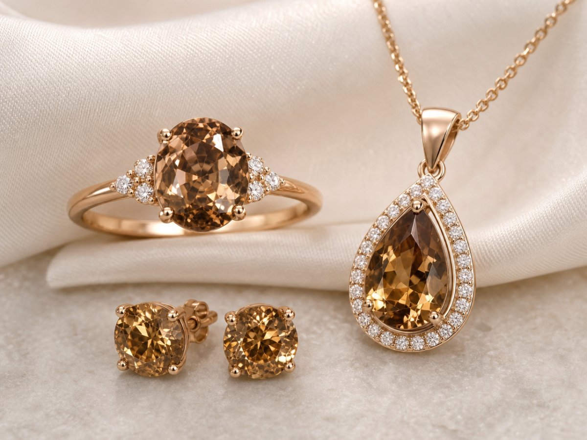Gemas de circonita marrón mostradas en joyería