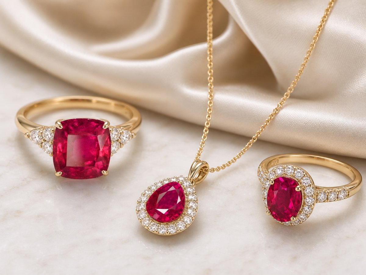 Gemas de rubí de Birmania mostradas en joyería
