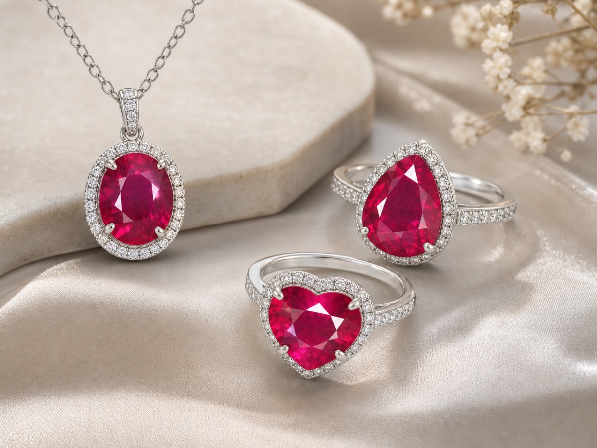 Gemas de rubí de Birmania mostradas en joyería