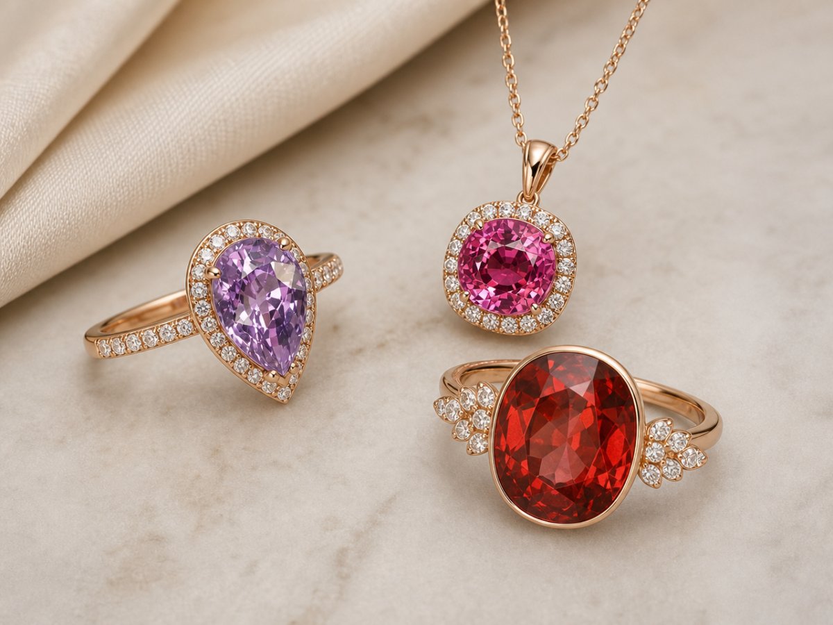 Gemas de espinela birmana mostradas en joyería
