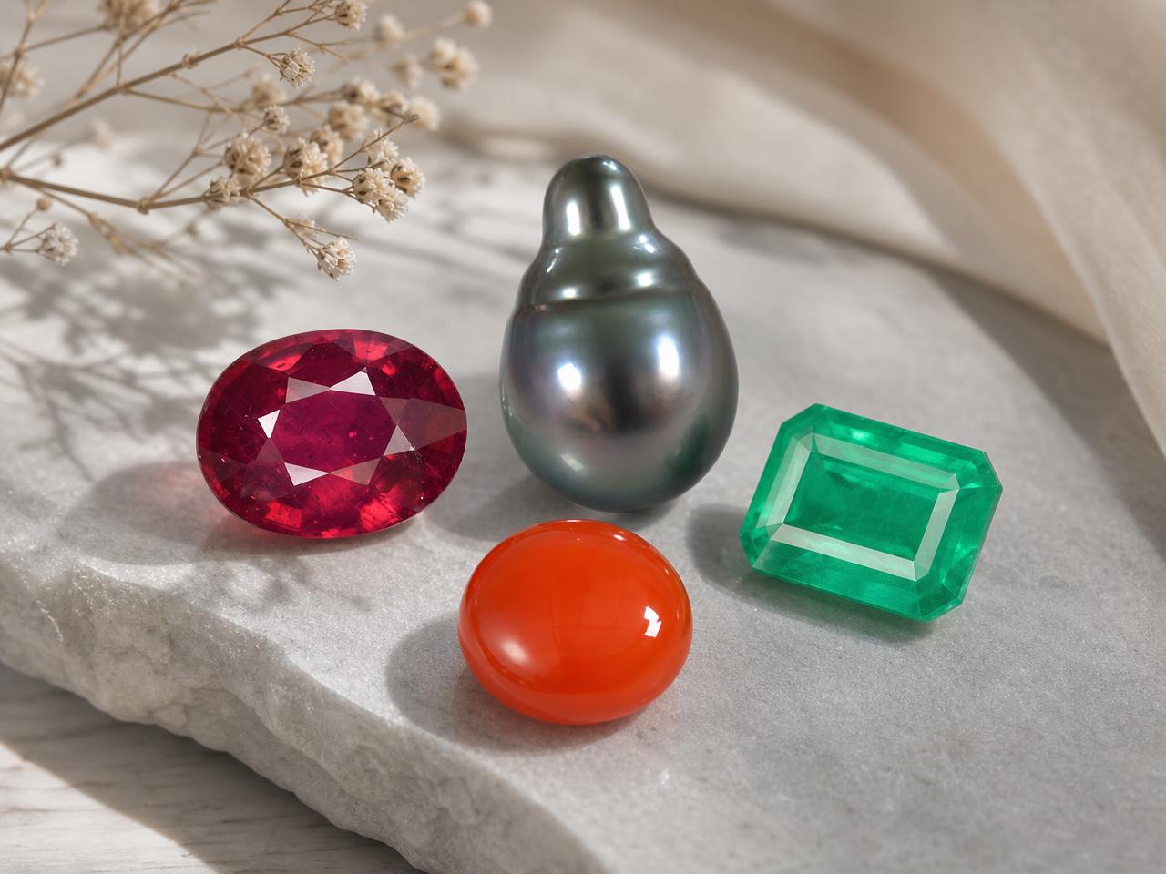 Piedras de nacimiento de Cáncer sueltas, incluyendo piedra lunar, rubí, esmeralda y cornalina.