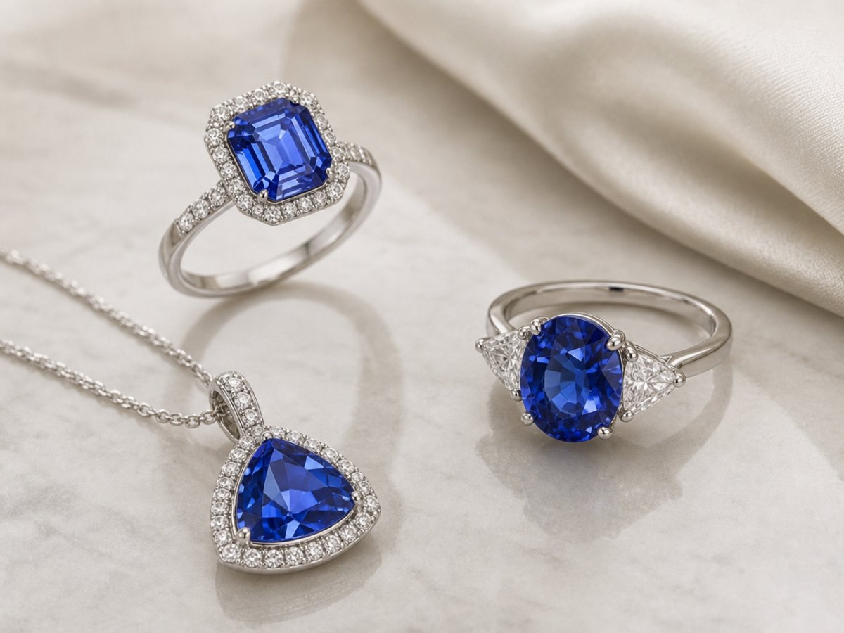 Gemas de zafiro de Ceilán mostradas en joyería