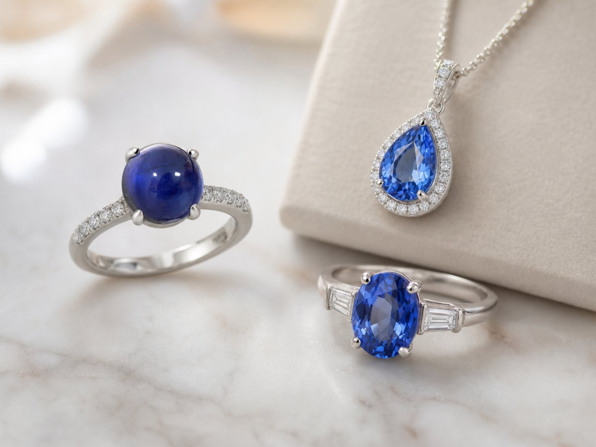 Gemas de zafiro de Ceilán mostradas en joyería