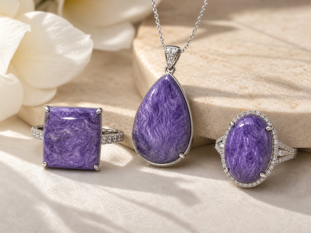 Gemas de charoíta mostradas en joyería