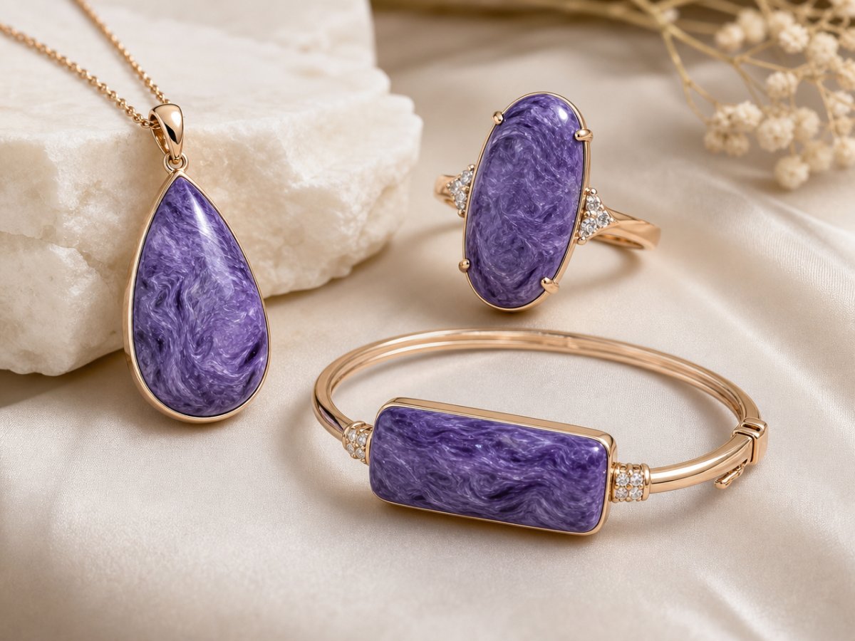 Gemas de charoíta mostradas en joyería