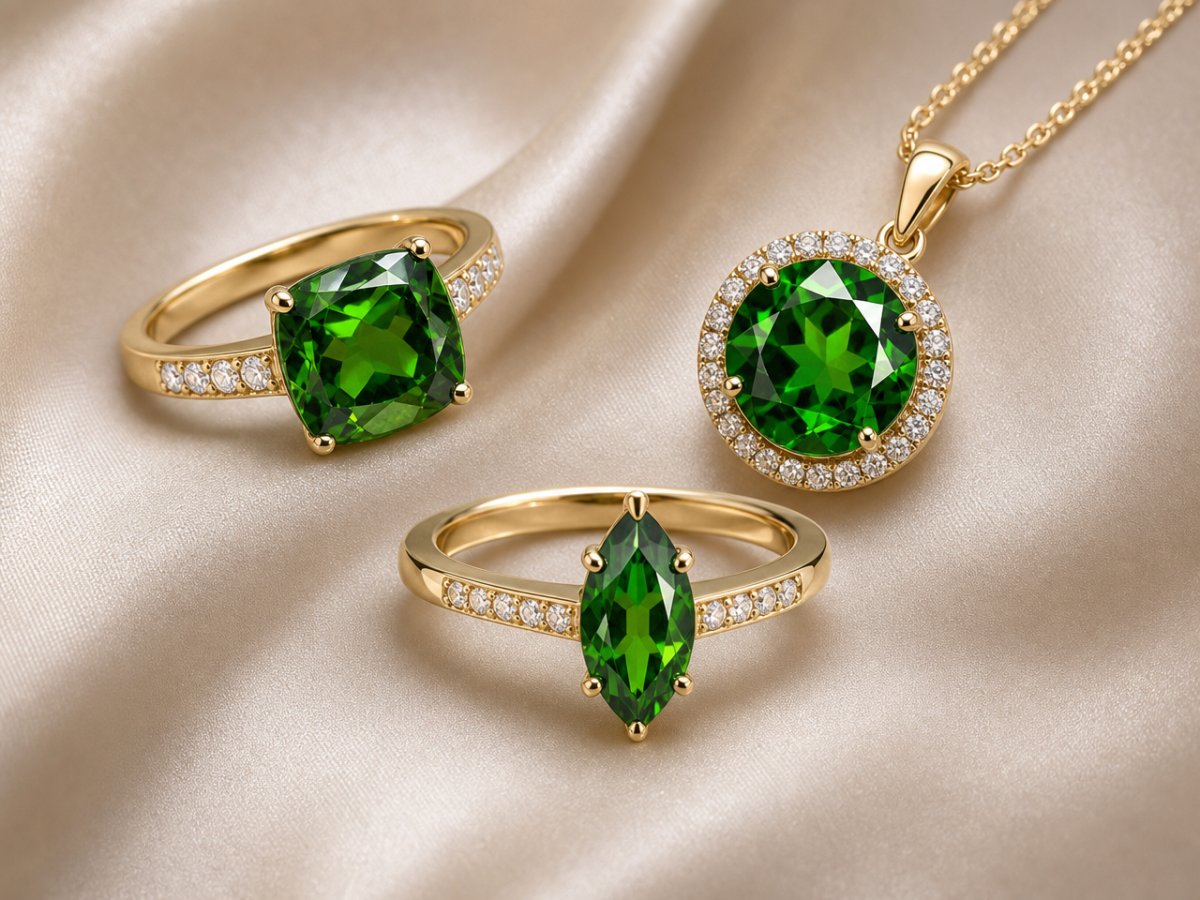 Gemas de diópsido de cromo mostradas en joyería
