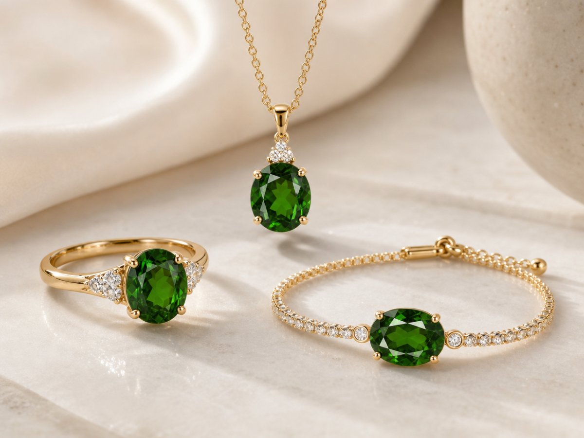 Gemas de diópsido de cromo mostradas en joyería