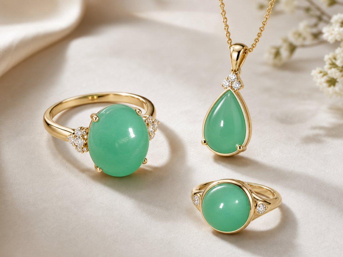 Gemas de crisoprasa mostradas en joyería