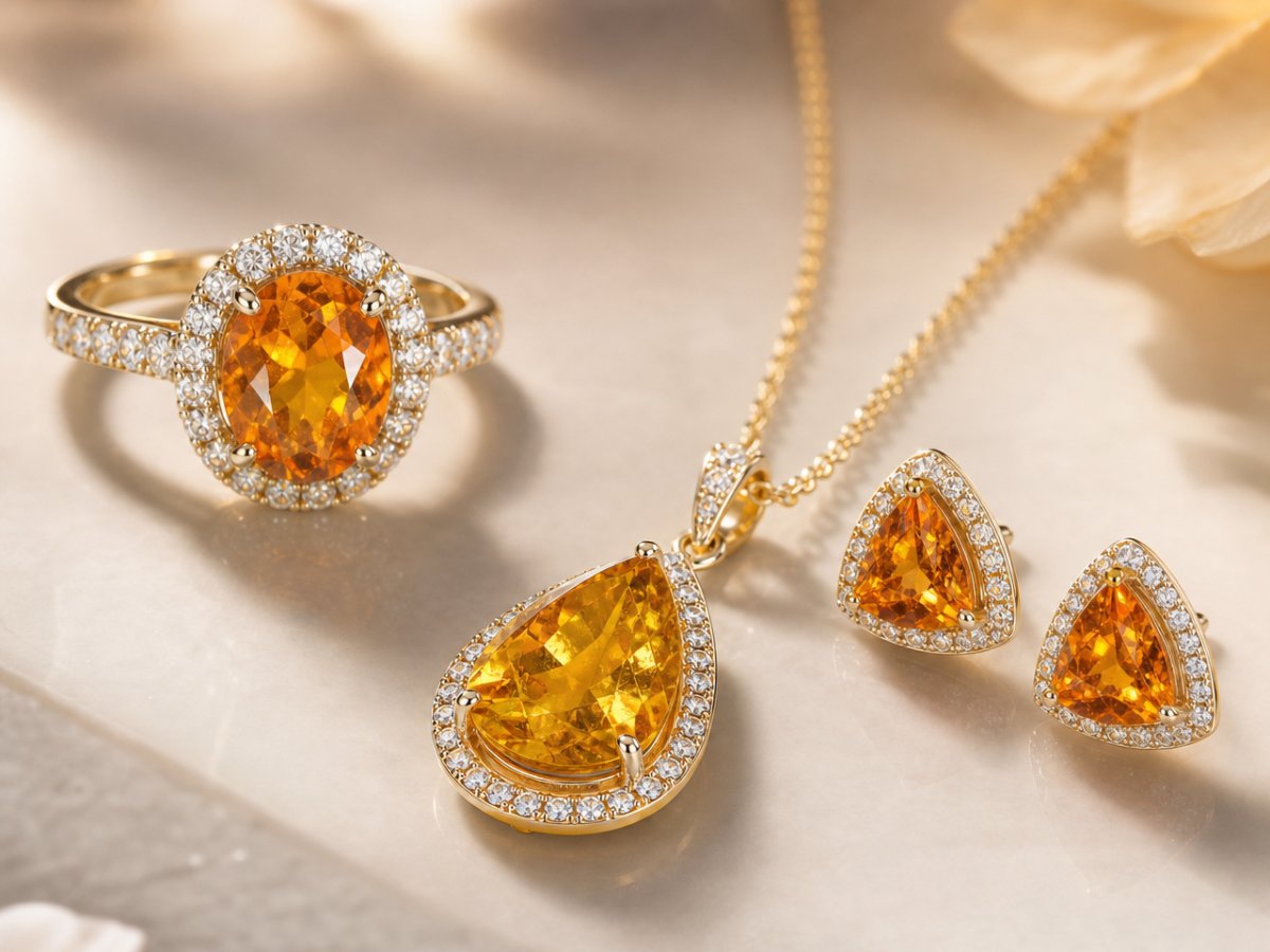 Gemas de clinohumita mostradas en joyería