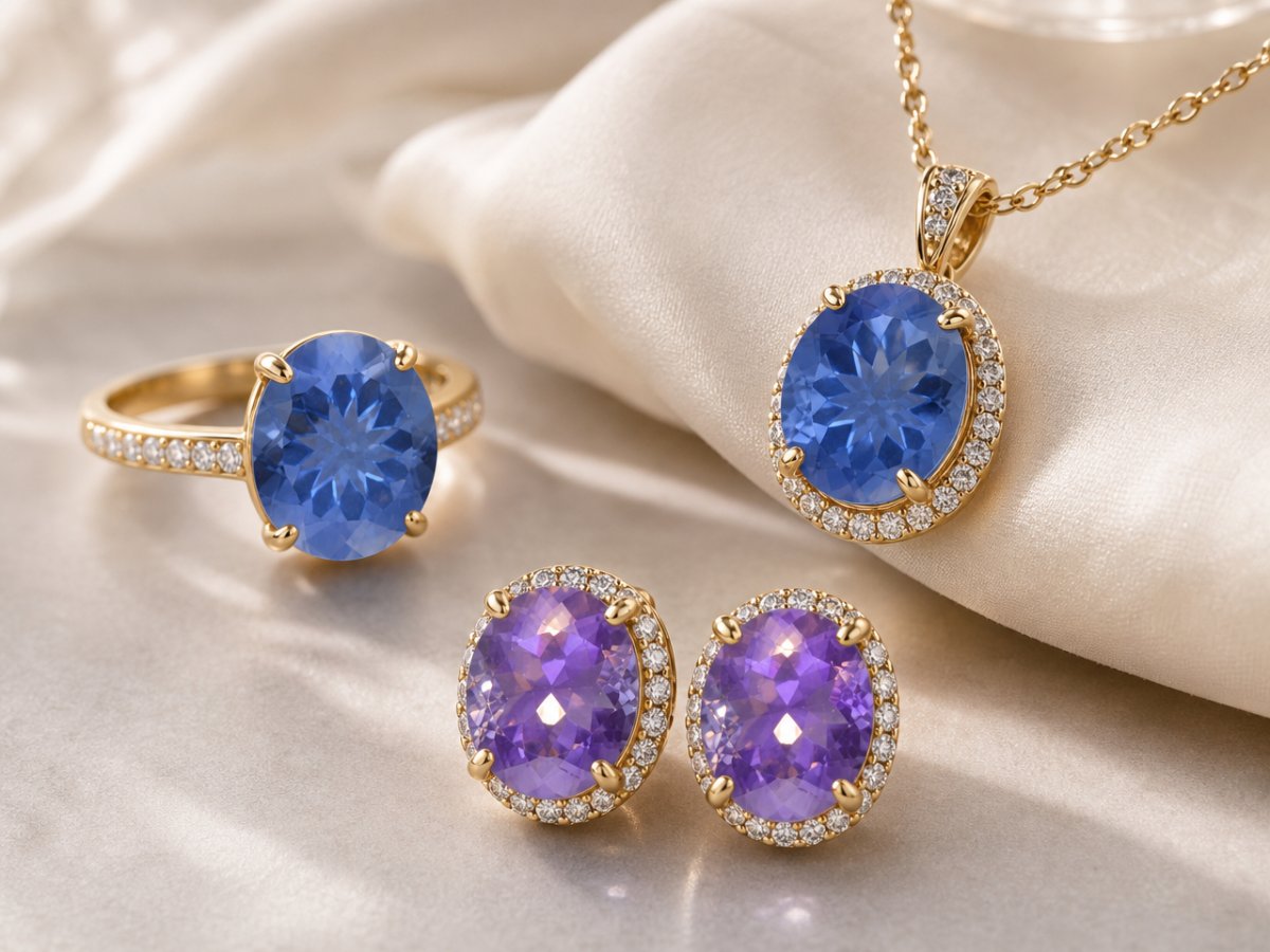 Gemas de fluorita que cambian de color mostradas en joyería