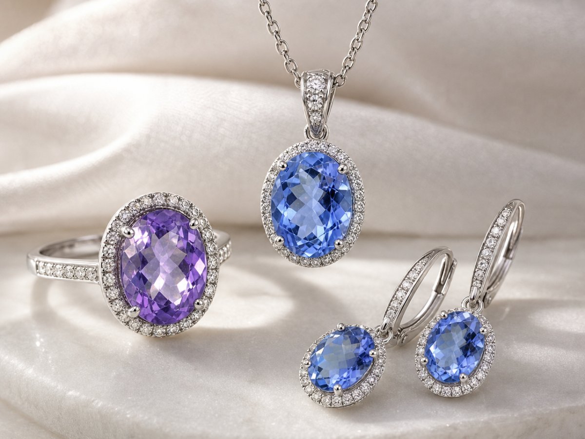 Gemas de fluorita que cambian de color mostradas en joyería