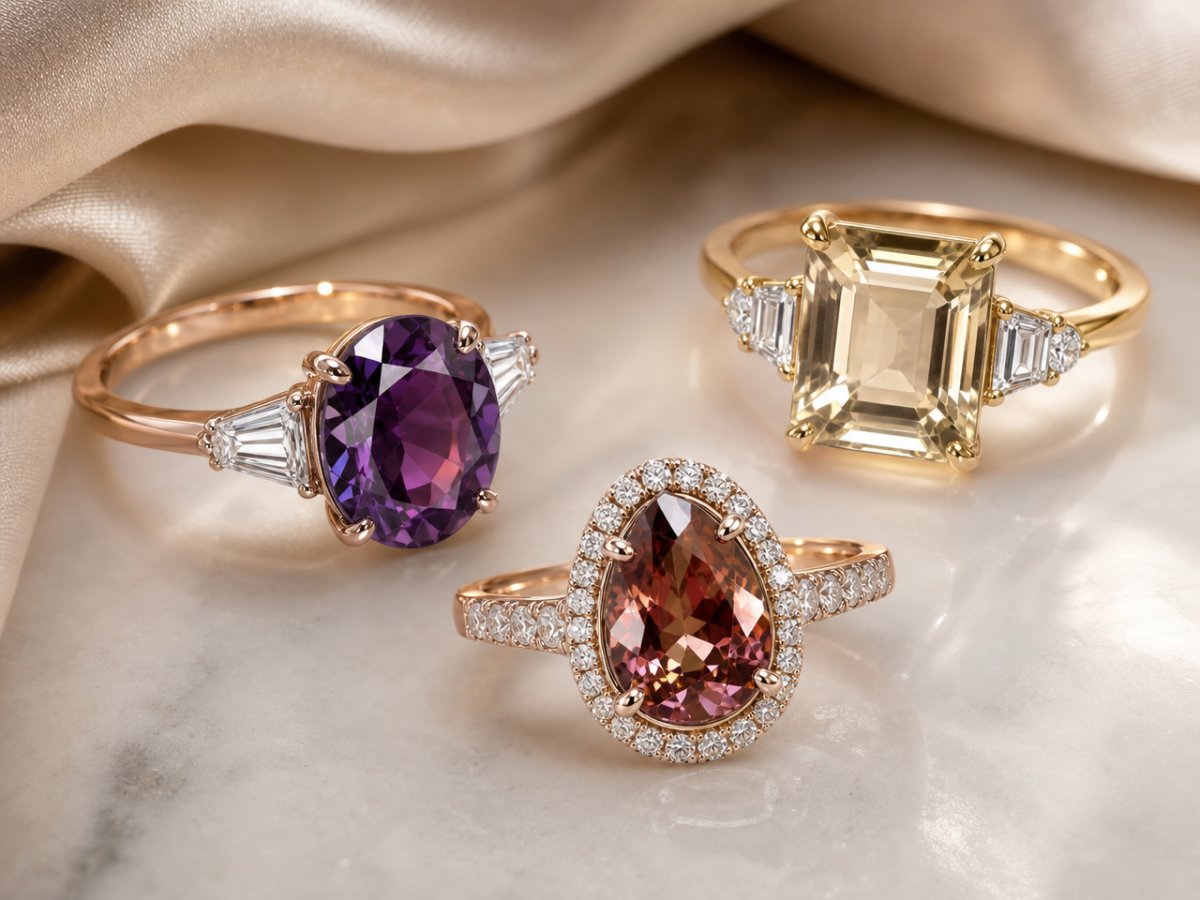 Gemas de zafiro que cambian de color mostradas en joyería
