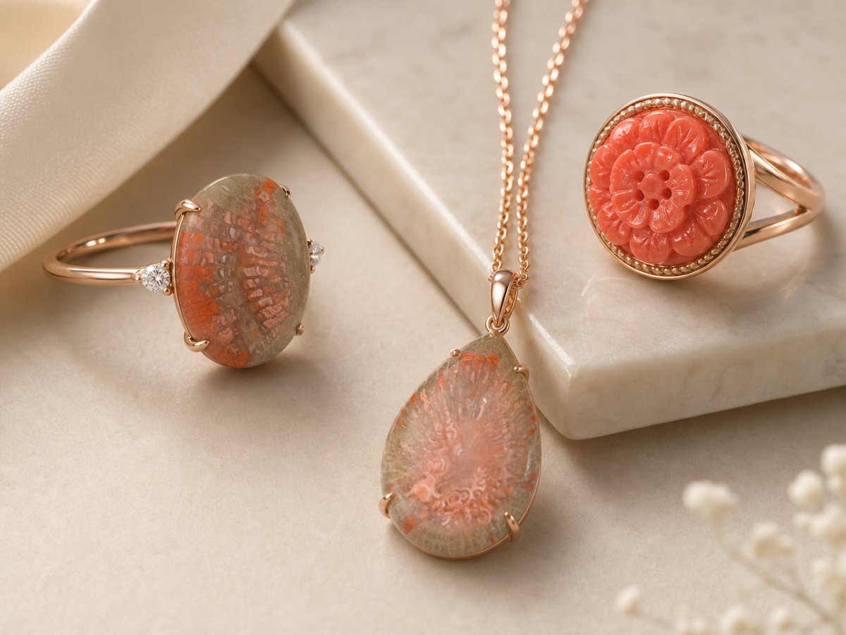 Gemas de coral mostradas en joyería