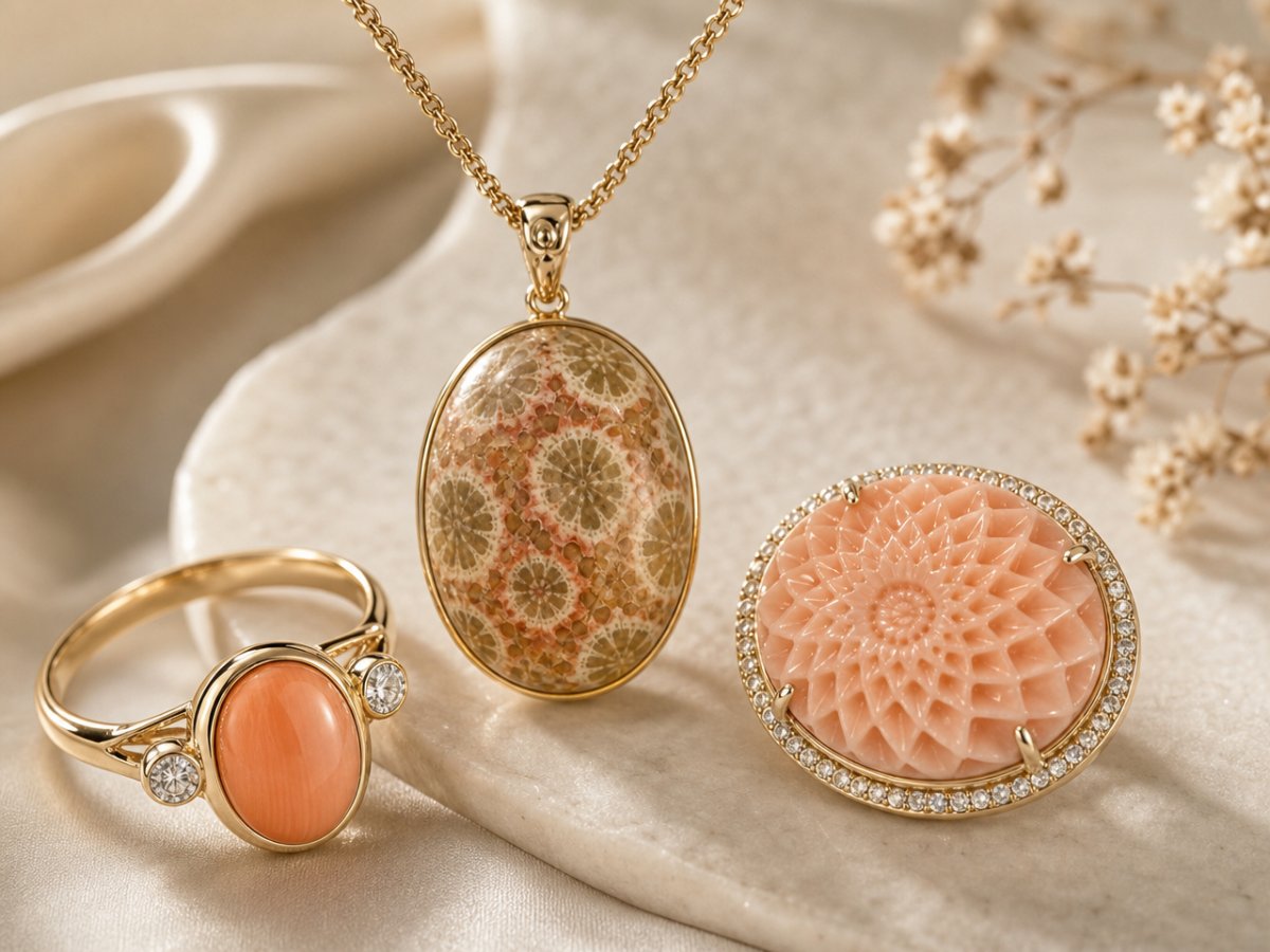 Gemas de coral mostradas en joyería
