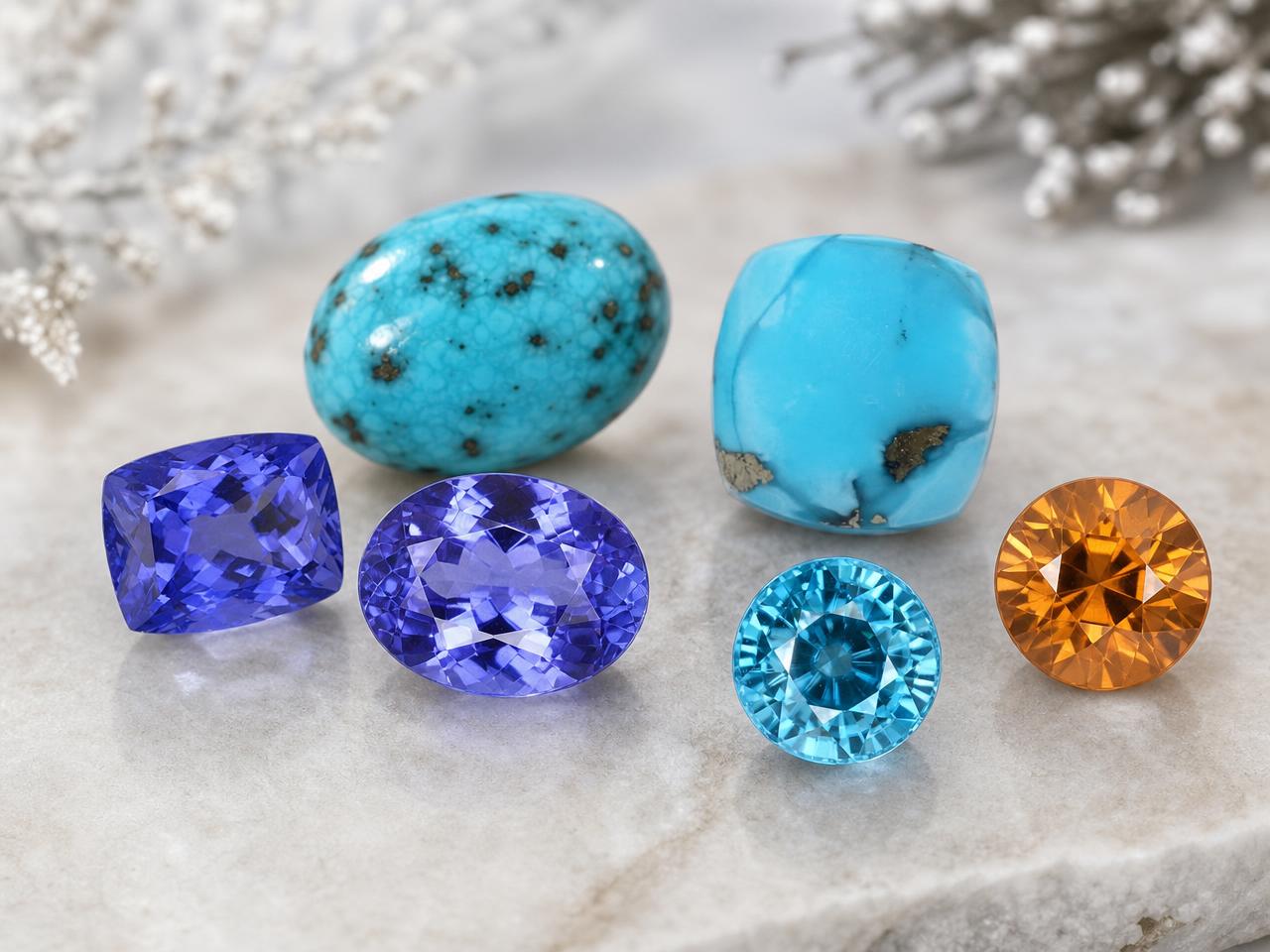 Piedras de nacimiento de diciembre sueltas, incluyendo turquesa, tanzanita y circón.