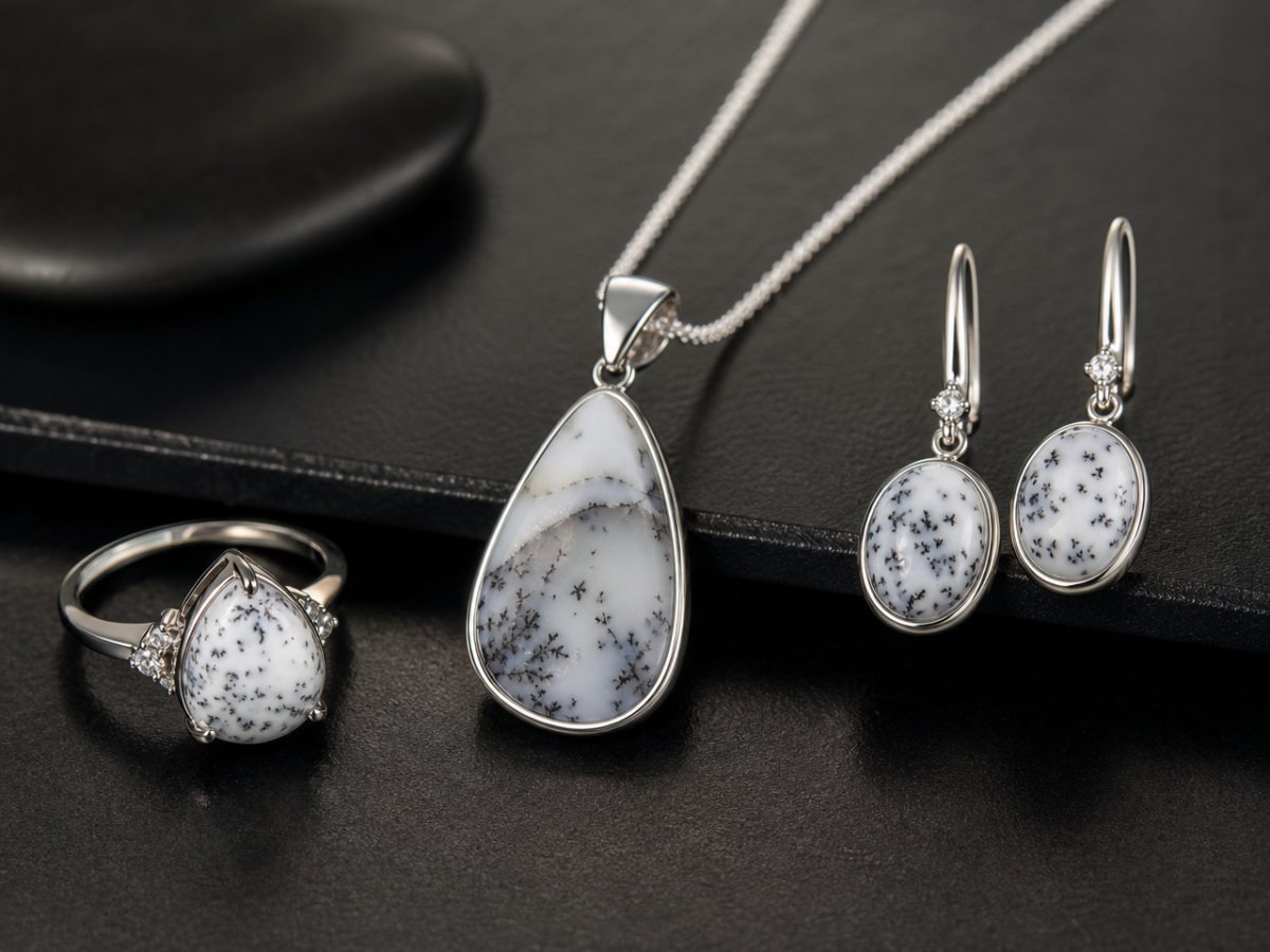 Gemas de ágata dendrítica mostradas en joyería