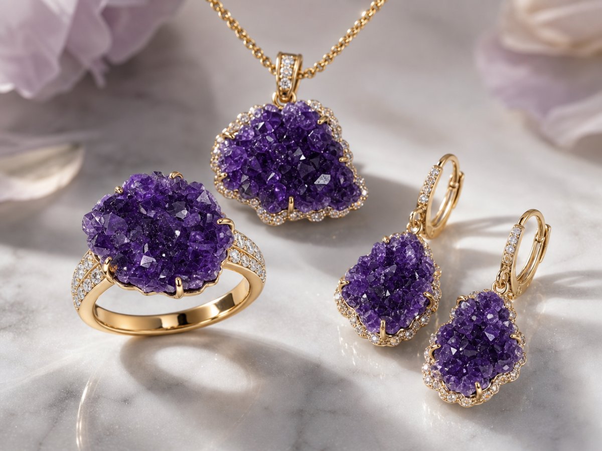 Gemas de amatista drusa mostradas en joyería