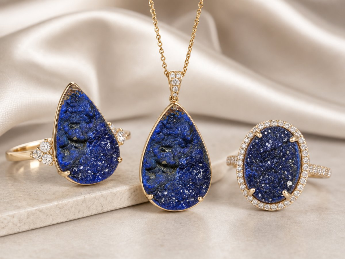 Gemas de azurita drusa mostradas en joyería